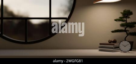 Uno spazio per esporre il prodotto, un orologio, libri e un albero di bonsai su un tavolo contro la parete con una finestra rotonda. rendering 3d, illustrazione 3d. Foto Stock
