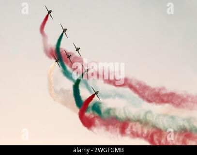 Pechino, Arabia Saudita. 4 febbraio 2024. Saudi Hawks, il team di aerobatica della Royal Saudi Air Force, presenta uno spettacolo aereo durante la seconda edizione del World Defense Show a Riyadh, Arabia Saudita, il 4 febbraio 2024. Crediti: Wang Dongzhen/Xinhua/Alamy Live News Foto Stock
