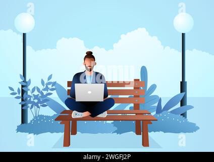 Giovane seduto su una panchina di legno nel parco mentre lavora con un computer portatile, illustrazione vettoriale Illustrazione Vettoriale