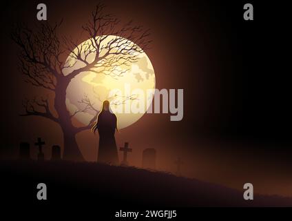 Personaggio donna spaventosa con capelli lunghi sul cimitero vicino all'albero essiccato, horror Halloween concept, illustrazione vettoriale Illustrazione Vettoriale
