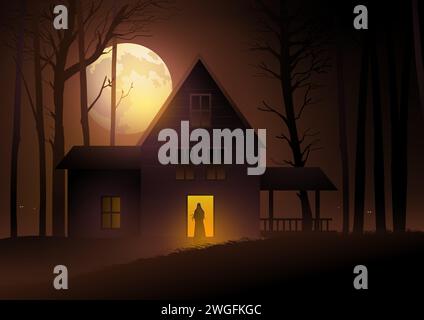 Misteriosa donna in piedi davanti alla porta della casa spaventosa, tema horror e halloween, illustrazione vettoriale Illustrazione Vettoriale