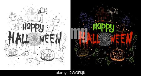 Testo decorativo di Happy Halloween isolato su arte vettoriale nera e doodle Illustrazione Vettoriale