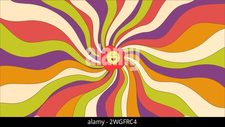 Coloratissimo sfondo hippie anni '70. Motivo a spirale con testa di fiore sorridente. Sfondo divertente astratto psichedelico vettoriale. Design in stile retrò per Illustrazione Vettoriale