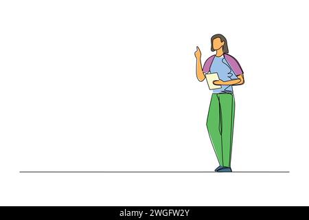 Disegna linee continue per gli impiegati in ufficio con gli appunti. Donna in abbigliamento formale. Personaggio dei cartoni animati donna d'affari in stile piatto. Linea disegnata a mano Illustrazione Vettoriale
