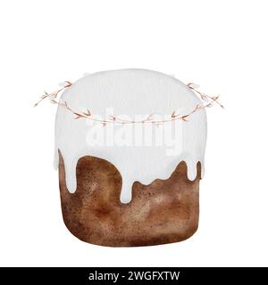 Clip art in acquerello di Pasqua kulich su sfondo bianco. Pasticceria cristiana tradizionale disegnata a mano con corone di rami di salice. Cupcake natalizio per Foto Stock