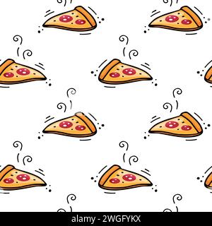 Pizza disegnata a mano con motivo senza cuciture. Consistenza dei fast food. Illustrazione Vector Fast food in stile doodle. Illustrazione vettoriale della pizza. Schizzo di una fetta di pizza. Illustrazione Vettoriale