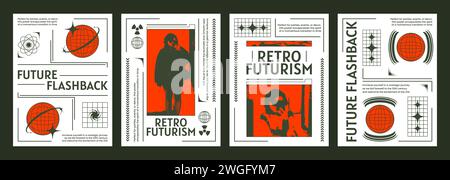 Poster retrò futuristici con silhouette da donna. Illustrazione vettoriale realistica di volantini estetici y2k, selfie femminili, icone del pianeta su sfondo rosso e bianco, banner artistici retroWave Illustrazione Vettoriale