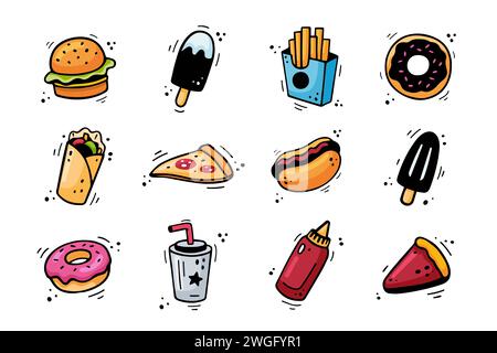 Set icone del fast food: Hamburger, patatine fritte, tazza di carta con bevanda, gelato, pizza, torta, hot dog, kebab, ciambella, bottiglia di ketchup. Schizzo di spuntini. Scarabocchi per fast food. Raccolta di fast food. Illustrazione Vettoriale