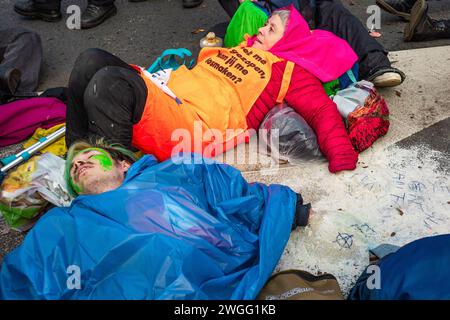 6 marzo 2014, l'Aia, Paesi Bassi: Gli attivisti della ribellione dell'estinzione con le mani incastrate in una miscela di super colla e sabbia, aspettano di essere rimossi dall'asfalto A12 durante la manifestazione. La polizia ha rimosso 1.000 attivisti per il clima dalla A12 a l'Aia e li ha trasferiti allo stadio di calcio ADO a l'Aia, dove sono stati rilasciati. L'autostrada è stata bloccata in entrambe le direzioni da alcuni attivisti per il clima dalla ribellione dell'estinzione dalle 13:00, anche se erano presenti due canoni d'acqua, non sono stati utilizzati. Fu il primo blocco dell'A12 in quattro mesi. L'anno scorso, l'estinzione Rebelli Foto Stock