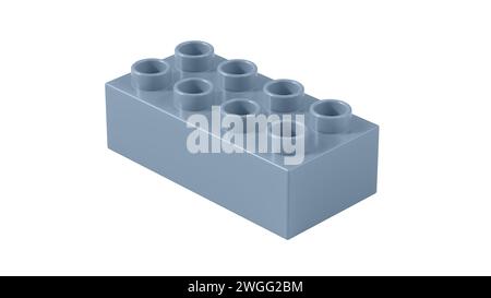 Blocco Lego in plastica blu polveroso isolato su sfondo bianco. Bambini Toy Brick, Vista prospettica. Vista ravvicinata di un blocco di gioco per i costruttori. 3d. Foto Stock