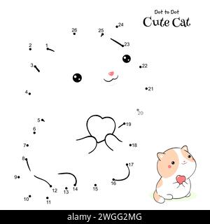 Collega i puntini e disegna carino Cat. Puzzle da punto a punto - piccolo gattino cartoni animati con cuore. Gioco educativo per bambini. Disegno per i bambini della scuola materna. Ve Foto Stock