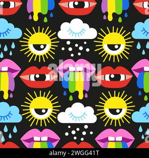 Illustrazione vettoriale disegnata a mano. Set di elementi meteorologici psichedelici in uno stile da cartone animato piatto Illustrazione Vettoriale