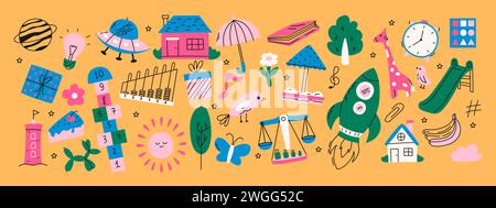 Set di coloratissimi scarabocchi dell'asilo. Farfalla, giocattoli, fiori, ombrello, casa, sole, albero, animali e altri elementi Illustrazione Vettoriale