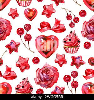 Motivo senza cuciture per San Valentino. Collezione di cuori ad acquerello. Sfondo romantico e incantevole per tessuti, carta da parati, tessuti, rivestimenti Foto Stock