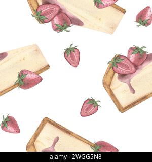 acquerello senza cuciture con una fetta di cheesecake alle fragole e fragole su sfondo bianco. Illustrazione ad acquerello realizzata a mano Foto Stock