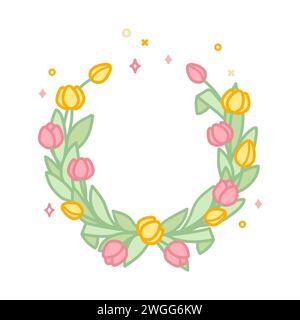 Corona floreale di tulipani, telaio vuoto, semicerchio. Illustrazione Vettoriale