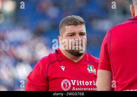 Rugby sei Nazioni. Italia contro Inghilterra. Stadio Olimpico. Roma. 03/02/2024. Il prop italiano Pietro Ceccarelli in campo durante il warm-up pre-match Foto Stock