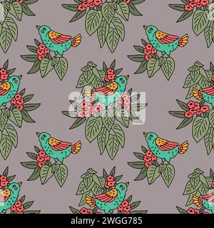 Motivo senza cuciture con simpatici motivi di uccelli e fiori disegnati a mano Illustrazione Vettoriale
