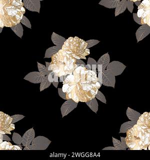 Motivo di lusso senza cuciture con rose bianche e dorate e foglie grigie su sfondo nero. Linee di contorno tracciate a mano. Per tessuti di design, carta da imballaggio, carta da parati. Illustrazione Vettoriale