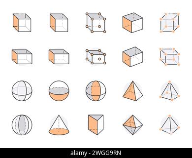 Set di icone di linee piatte per forme geometriche. Figure astratte - illustrazioni di cubo, sfera, cono, vettore prisma. Segni sottili per l'educazione alla geometria, prototipo Illustrazione Vettoriale