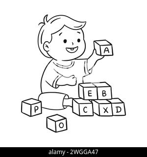 Bambino che gioca con mattoncini di mattoncini illustrazioni della scuola materna in stile cartone animato. Un bambino sorridente che gioca con l'alfabeto cubico. Nero Illustrazione Vettoriale