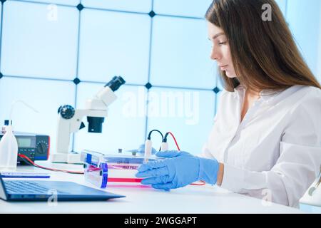 L'innovativa scienziata femminile conduce esperimenti scientifici in laboratorio Foto Stock