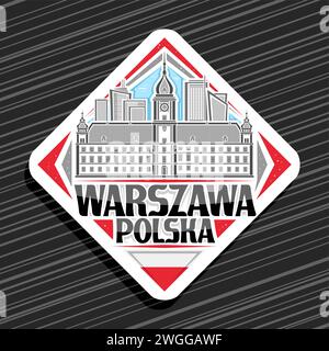 Logo vettoriale per Warszawa, cartello stradale bianco a rombi con illustrazione in linea dello storico paesaggio europeo della città di warszawa sullo sfondo del cielo diurno, decorativo Illustrazione Vettoriale