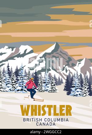 Poster da viaggio Whistler Ski Resort vintage. Canada, Columbia Britannica carta di viaggio per il paesaggio invernale Illustrazione Vettoriale