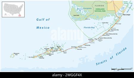 Dettagliati dell'Florida keys road e viaggi mappa vettoriale Foto Stock