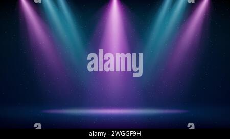 Sfondo faretto rosa blu viola. Palco blu rosa illuminato. Sfondo per la visualizzazione dei prodotti. Fasci luminosi di faretti, testo, copia e incolla Illustrazione Vettoriale