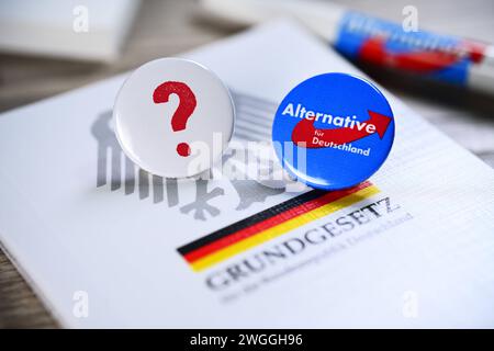 FOTOMONTAGE, Parteianstecker der AfD und Fragezeichen auf dem deutschen Grundgesetz, Symbolfoto für die AfD-Verbotsdebatte *** FOTOMONTAGGIO, badge del partito AfD e punto interrogativo sulla costituzione tedesca, foto simbolica per il dibattito AfD Ban Foto Stock