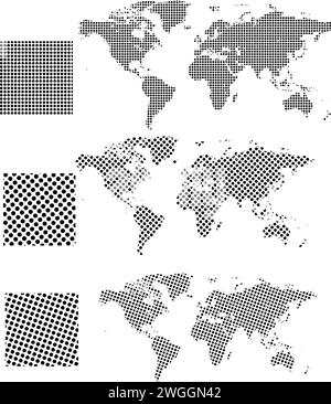 Set di mappe del mondo tratteggiate con risoluzione diversa. Illustrazione Vettoriale