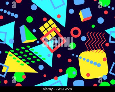 Motivo Memphis senza cuciture con forme geometriche in stile 80s e 90s. Forme geometriche di forme e colori diversi. Progettazione di prodotti promozionali, Illustrazione Vettoriale