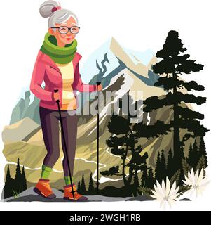 Donna anziana attiva che fa escursioni in montagna con pali da trekking. Illustrazione Vettoriale