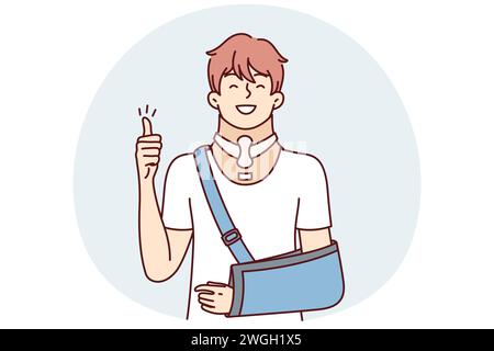 Giovane ragazzo positivo con braccio rotto mostra pollice in su come segno di gratitudine per i medici. Uomo ottimista con collare ortopedico per sostenere la testa necessaria per la riabilitazione dopo la lesione. Disegno vettoriale piatto Illustrazione Vettoriale