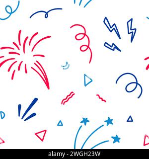 4 luglio USA Independence Day modello senza cuciture. Bandiera americana blu, rosso e bianco. 14 luglio felice festa nazionale della Francia fuochi d'artificio Illustrazione Vettoriale