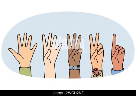 Primo piano di mani di persone diverse che mostrano il numero per gesto. Le persone multirazziali dimostrano il gesto della mano. Illustrazione vettoriale. Illustrazione Vettoriale