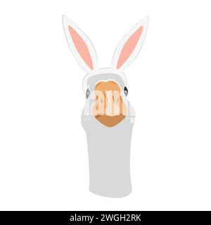 Un'oca carina che indossa orecchie da coniglio pasquale. Illustrazione vettoriale isolata su sfondo bianco. Illustrazione Vettoriale
