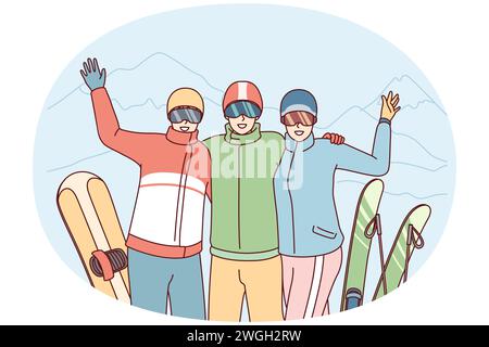 Compagnia di amici alla stazione sciistica che agita le mani in posa sulle vacanze invernali. Tre turisti in occhiali da sci stand con picchi innevati dopo lo sci o lo snowboard. Illustrazione del vettore piatto Illustrazione Vettoriale