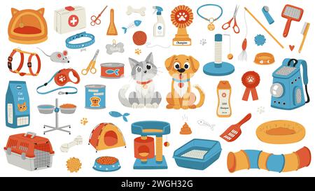 Una serie di elementi per la cura degli animali domestici. Gatto e cane, personaggi sorridenti. Accessori, giocattoli, cura del corpo, cibo. Illustrazione vettoriale piatta isolata su un bac bianco Illustrazione Vettoriale