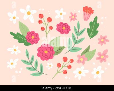 Collezione di fiori con foglie, fiori primaverili, elementi botanici. Illustrazione vettoriale disegnata a mano. Illustrazione Vettoriale
