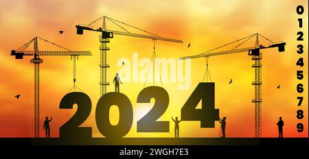 il nuovo anno 2024. Numeri di carico di gru per costruzione. Silhouette industriale. Cantiere per lavoratori. Benvenuti in Happy Future Work Changes. Industria cittadina. Ingegneria dell'architettura. Sfondo vettoriale Illustrazione Vettoriale
