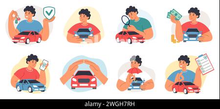 Assicurazione auto. Il conducente acquista la protezione per incidenti automobilistici. Sicurezza e cura del trasporto. Garanzia di scudo. Certificato cartaceo per il noleggio. Costi dell'automobile. Chiave del veicolo. Ombrello di sicurezza. Set di concetti vettoriali Illustrazione Vettoriale