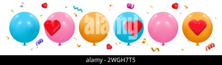 bollature 3d. Baloon di compleanno per festeggiare il giorno della festa, il giocattolo con palla rosa blu è perfetto per l'arredamento. Coriandoli volanti. San Valentino. Set di elementi lucidi per il rendering dello sfondo vettoriale delle festività natalizie Illustrazione Vettoriale