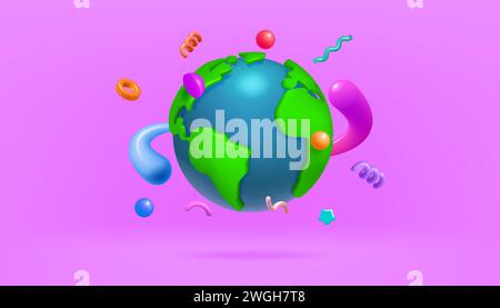 globo mondiale 3d. Rendering della mappa globale del pianeta terrestre per la vendita del negozio, servizio di distribuzione online. Elementi astratti volanti. Comunicazione digitale globale. Continenti verdi. Concetto di illustrazione vettoriale Illustrazione Vettoriale
