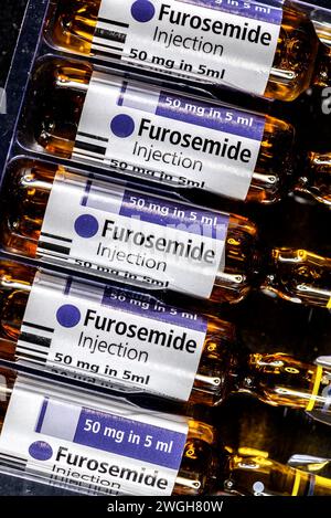 Furosomide - medicinale per il trattamento dell'ipertensione ed edema. 50mg fiale del farmaco liquido per infortunio o somministrazione endovenosa Foto Stock