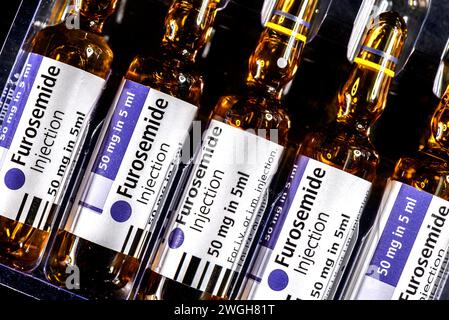 Furosomide - medicinale per il trattamento dell'ipertensione ed edema. 50mg fiale del farmaco liquido per infortunio o somministrazione endovenosa Foto Stock