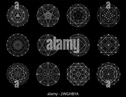 Geometria sacra, esoterici, magici e alchimia simboli vettoriali del mito e pentagramma della meditazione. Forme di tatuaggio spirituale di geometria sacra e pentagrammi occulti esoterici o pentacoli stellari con piramide Illustrazione Vettoriale