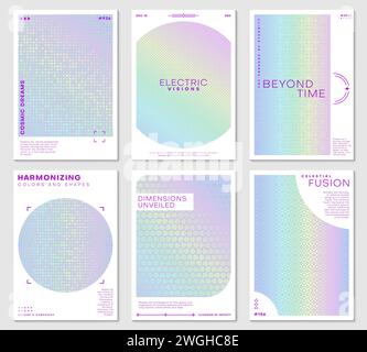Poster ologrammi di lamina glitter arcobaleno con motivo a trama ologramma, sfondi vettoriali. Gradiente iridescente olografico o modello olografico di glitter al neon o olografia cromata per poster, copertine Illustrazione Vettoriale