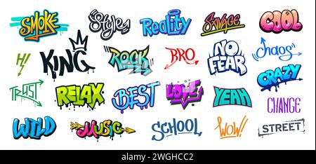 Graffiti Street art, stile urbano. Spruzzare le etichette vettoriali di vernice o pennello, le scritte sulle pareti, i dipinti o i disegni con schizzi e gocciolamenti di vernice. Graffiti rap e hip hop con frecce e corone Illustrazione Vettoriale